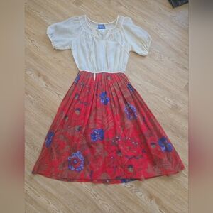 Vintage Floral Red and Cream Dress